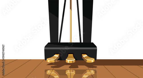 Three golden, polished piano pedals are depicted at the base of a black piano, resting on a reflective wooden floor with distinct shadows.