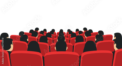 A large audience, viewed from behind, is seated in numerous rows of vibrant red cinema-style chairs, with an expansive plain white background above.