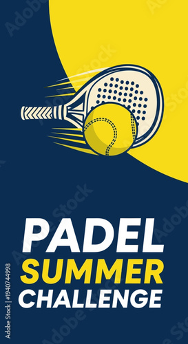 Dynamic Padel Summer Challenge Illustration, Featuring Racket and Ball, Vibrant Colors and Design
