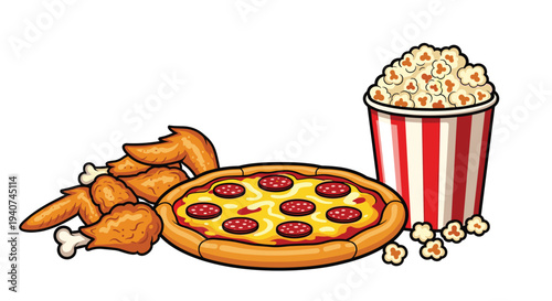 A whole pepperoni pizza, a pile of fried chicken wings and drumsticks, and a striped bucket of popcorn are arranged on a white background.