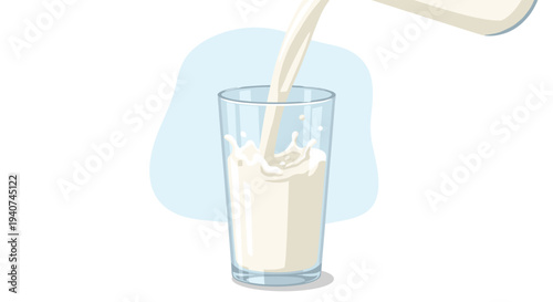 White milk is dynamically poured from a carton into a clear glass, creating a splash and ripples, framed by a soft blue shape.