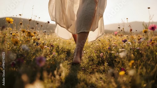 Bare feet wander through a sunlit wildflower meadow at golden hour, a light dress swaying above the blossoms as warm, low rays and soft bokeh paint the grasses with gentle, summery calm.