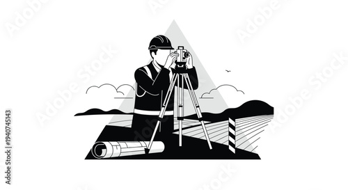 A male surveyor in a hard hat and safety vest is operating a total station on a tripod amidst a stylized landscape with abstract triangular elements.