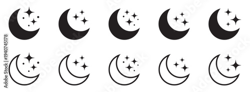 Moon and Star Symbols Set in Solid and Outline Styles for Night Sky Design