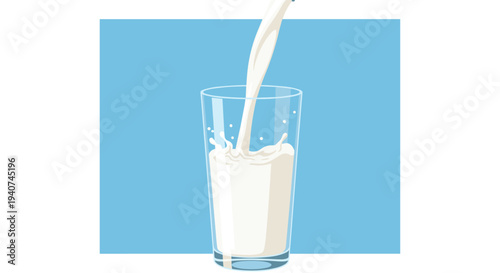 A stream of white milk is actively pouring into a transparent glass, causing splashes and ripples against a two-tone blue and white background.