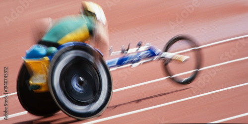 Φωτογραφία Wheelchair racing athlete accelerating on stadium track
