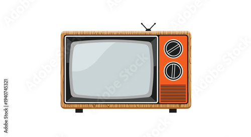 A retro television with a wooden casing and an orange control panel is depicted frontally with a grey screen and a single antenna on a white background.