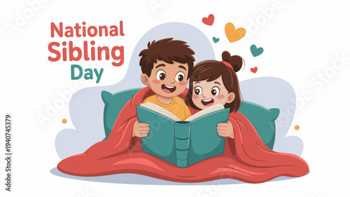 Brother and sister reading together on national sibling day smiling and cozy under a blanket with hearts