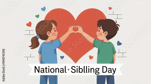 Two siblings forming a heart with their hands on national sibling day with a large red heart