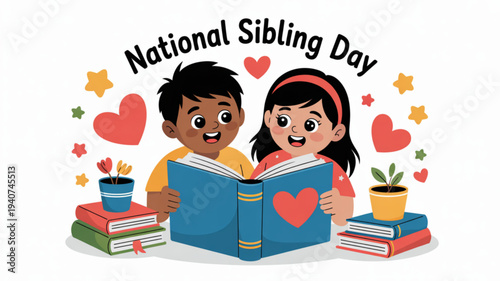 Children celebrating national sibling day reading books together with hearts and stars