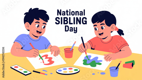 Two children painting on national sibling day with colorful art supplies on a yellow table