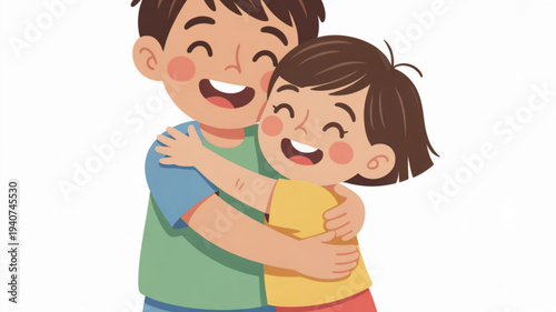Smiling brother and sister hugging each other tightly with joy and love on their faces