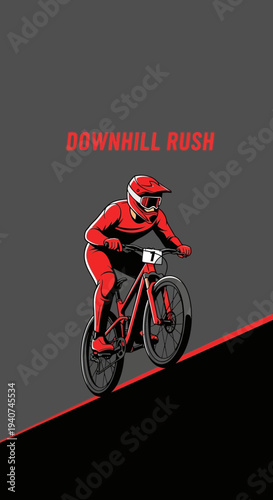 Dynamic Red Mountain Biker on Extreme Slope Vector Illustration, Bold Design Concept