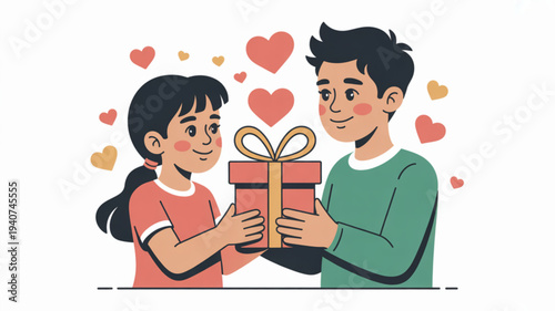 Man and woman exchanging a gift with hearts around them symbolizing love and valentine's day