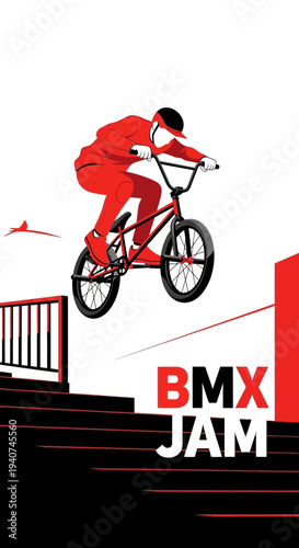 Dynamic Red Silhouette of a BMX Rider Performing a Stunt, Urban Action Sport Illustration