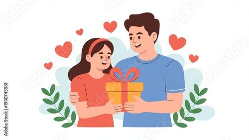Young couple sharing a romantic moment with a gift and hearts around them on a lovely day