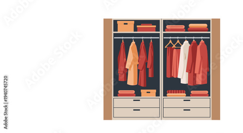 An open two-sectioned wooden closet is neatly organized with folded and hanging garments in shades of orange and red against a white background.