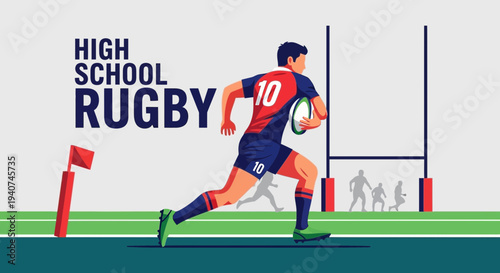 Dynamic Rugby Illustration Depicting High School Competition With Player Running Towards Goal