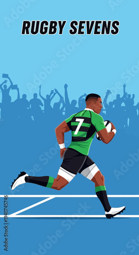 Dynamic Rugby Sevens Player Charging Forward in a Competitive Game with a Ball and Crowd