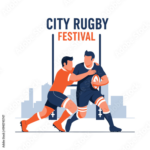 Dynamic Rugby Match Depiction For City Festival Featuring Athletic Competition and Strategic Plays
