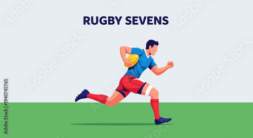 Dynamic Rugby Sevens Player Charging Forward With Ball Illustrating Athletic Prowess