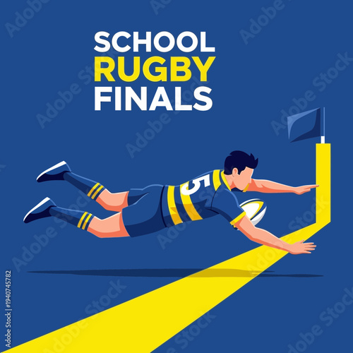 Dynamic Rugby Player Diving Across the Goal Line During Intense School Finals Match