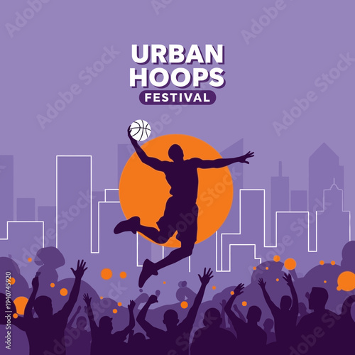 Dynamic Silhouette Captures Urban Basketball Festival Excitement With Cityscape Backdrop and