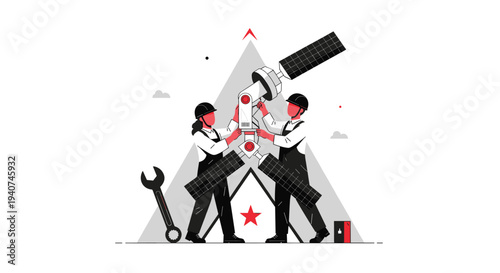 Two engineers, a man and a woman, are collaboratively assembling a satellite in a monochromatic illustration with red accent details.