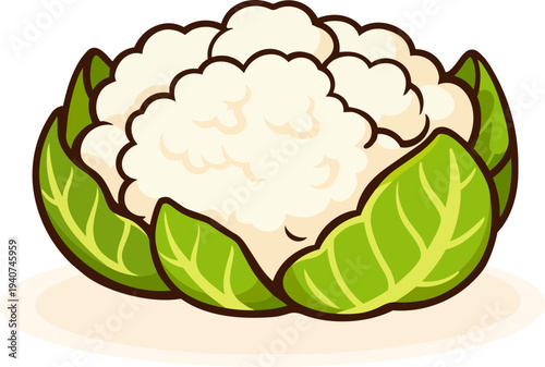 A cute cauliflower illustration with green leaves, ideal for healthy eating, organic food, and sustainable living campaigns. Bright and playful design perfect for eco-conscious marketing.