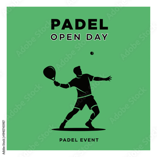 Dynamic Silhouette Depicting Padel Player During Open Day Event on Vibrant Green Background