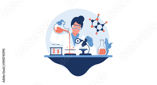 A female scientist in a lab coat and goggles is pouring liquid from a flask into a beaker while working with a microscope in a laboratory setting.