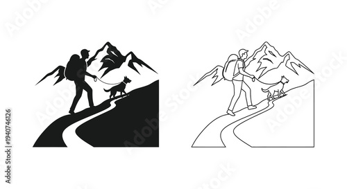 Couple hiking with a dog in a mountainous landscape black silhouette