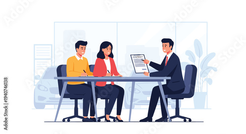 Three individuals, two clients and a car salesman, are seated at a table, reviewing a contract with a car visible in the background.
