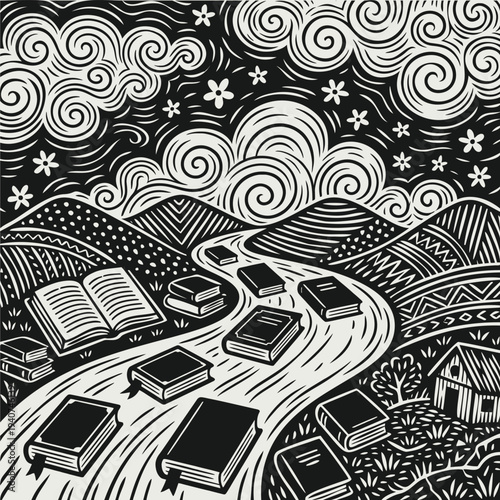 Surreal River of Books Flowing Through Mountain Landscape