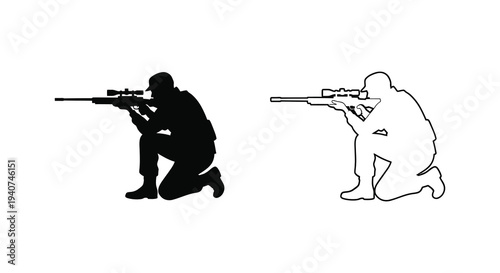 American Sniper aiming with rifle in kneeling position stark black silhouette