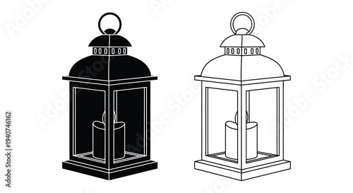 Two vintage lanterns depicted in black and white showcasing a striking silhouette