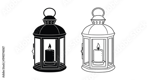 Two vintage lanterns one dark and one light presented as a silhouette