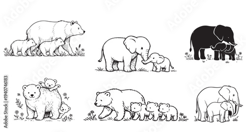 Cute Animal Mother and Baby Set – Bear and Elephant Family Line Art Illustration Collection