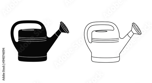 Two watering cans one black and one white presented as a silhouette