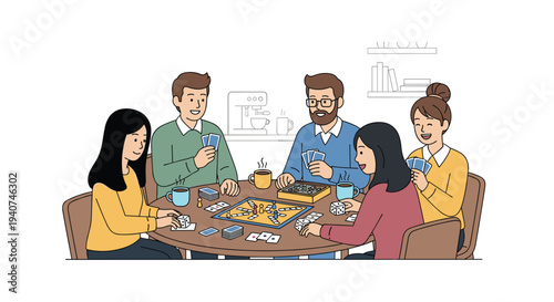 Five diverse friends, three women and two men, are happily seated around a wooden table, actively playing a board game together.