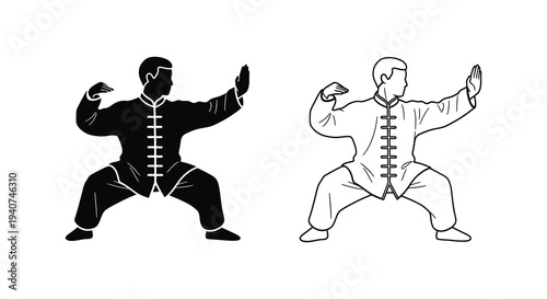 Two men practicing martial arts depicted in contrasting black and white silhouette