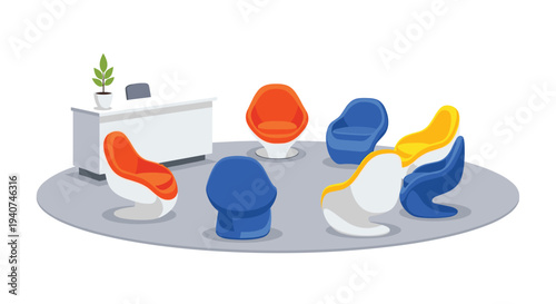A circular arrangement of six modern, brightly colored chairs in blue, orange, and yellow surrounds a small white desk on a gray rug.