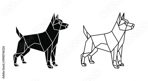 Geometric dog illustration in contrasting styles featuring a dark silhouette