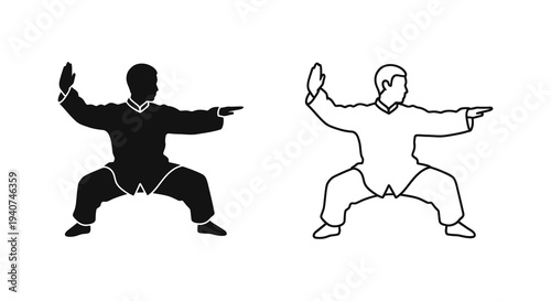 Two depictions of a man practicing tai chi one in black silhouette