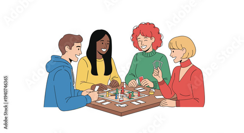 Four diverse friends, three women and one man, are cheerfully seated around a wooden table, actively playing a board game together.