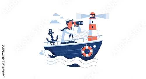 A sailor in a uniform is standing on a boat and looking through binoculars, with a lighthouse and waves in the background.