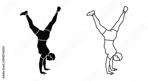 Two figures performing handstands depicted in contrasting styles silhouette high quality