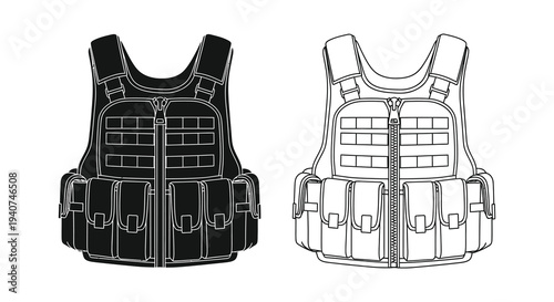 Tactical vests displayed in black and white a stark outline silhouette