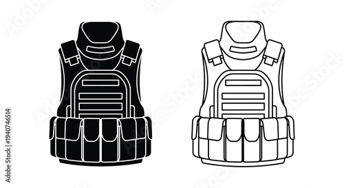 Two black and white tactical vests depicted in a bold silhouette