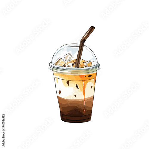 A cold cappuccino latte in a cup watercolor vector illustration, whitebackground
